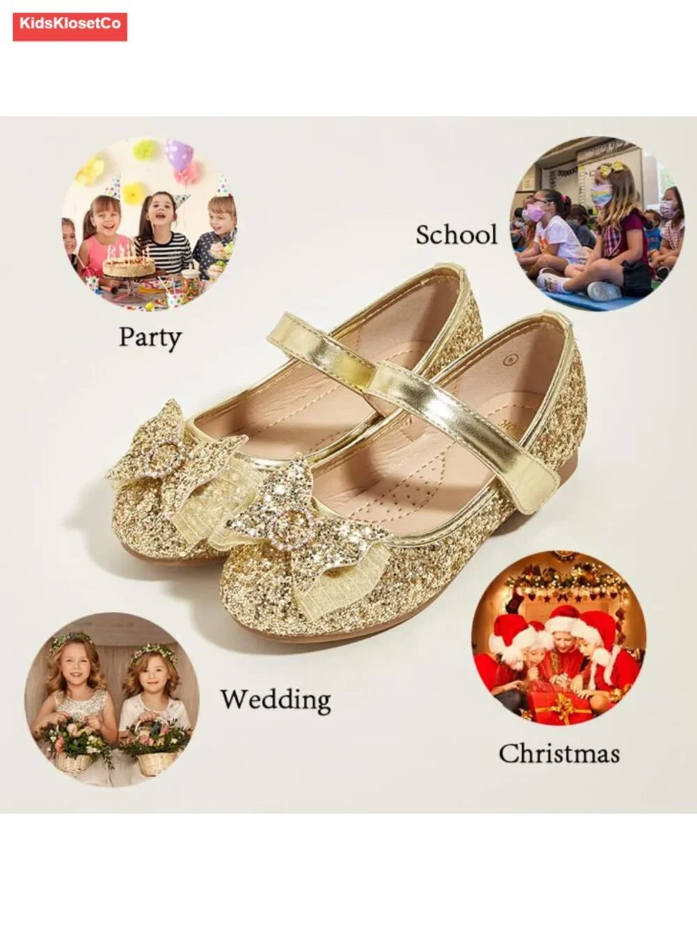 Toddler Girl Mary Jane Dress Glitter Flats Shoes with Bowknot